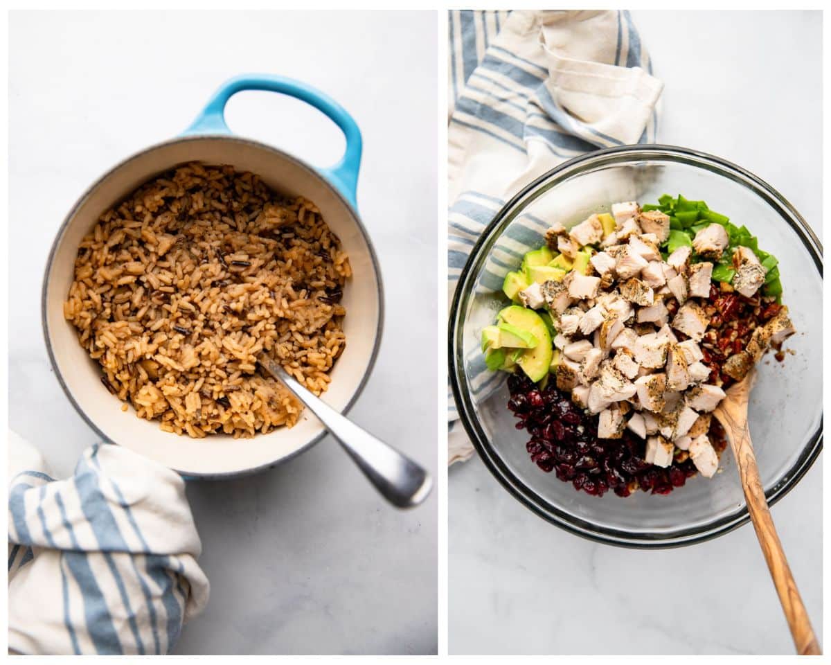 side by side images of prepared rice and other ingredients to mix in wild rice salad with chicken