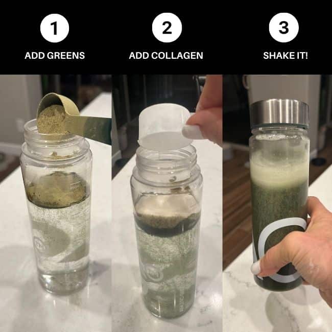 chris freytag's 3 measurement   process   for ag1 including greens, collagen, and shaking