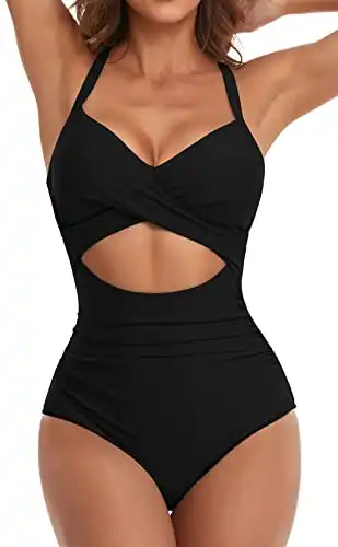 Eomenie Womens One Piece Swimsuits Tummy Tenancy Cutout Upper Waisted Bathing Suit Wrap Tie When 1 Piece Swimsuit Black