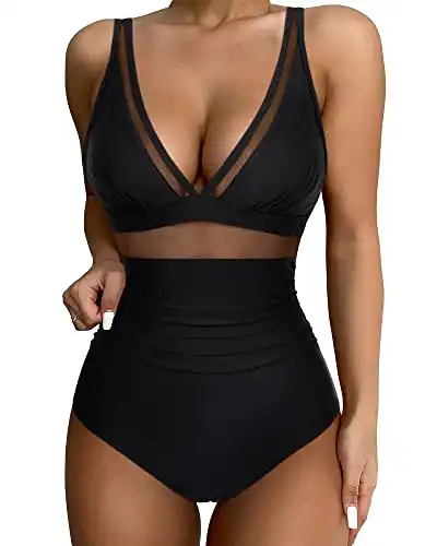 SUUKSESS Women Slimming Tummy Control One Piece Swimsuits Sexy Mesh High Waisted Monokini Bathing Suits (Black, M)