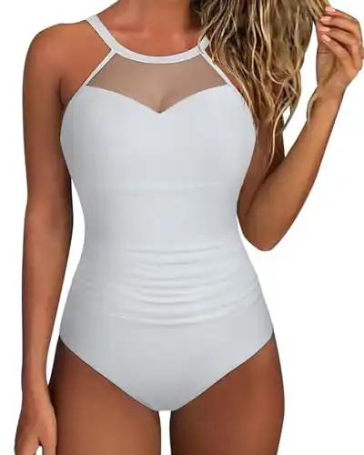 SUUKSESS Women Slimming Tummy Control One Piece Swimsuits Sexy Mesh High Neck Monokini Bathing Suits(White,M)