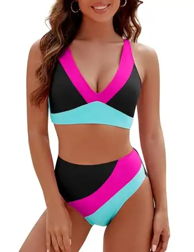  BMJL Womens High Waisted Bikini Sets Sporty Two Piece  Swimsuit Color Block Cheeky High Cut Bathing Suits