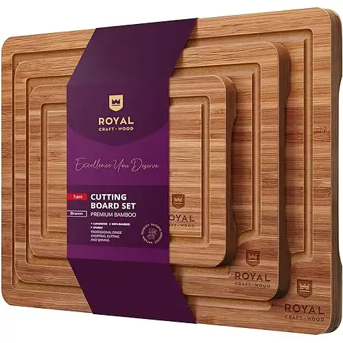 ROYAL CRAFT WOOD Wooden Cutting Boards for Kitchen Meal Prep & Serving - Bamboo Wood Serving Board Set with Deep Juice Groove Side Handles - Charcuterie & Chopping Butcher Block for Meat (3 Pc...