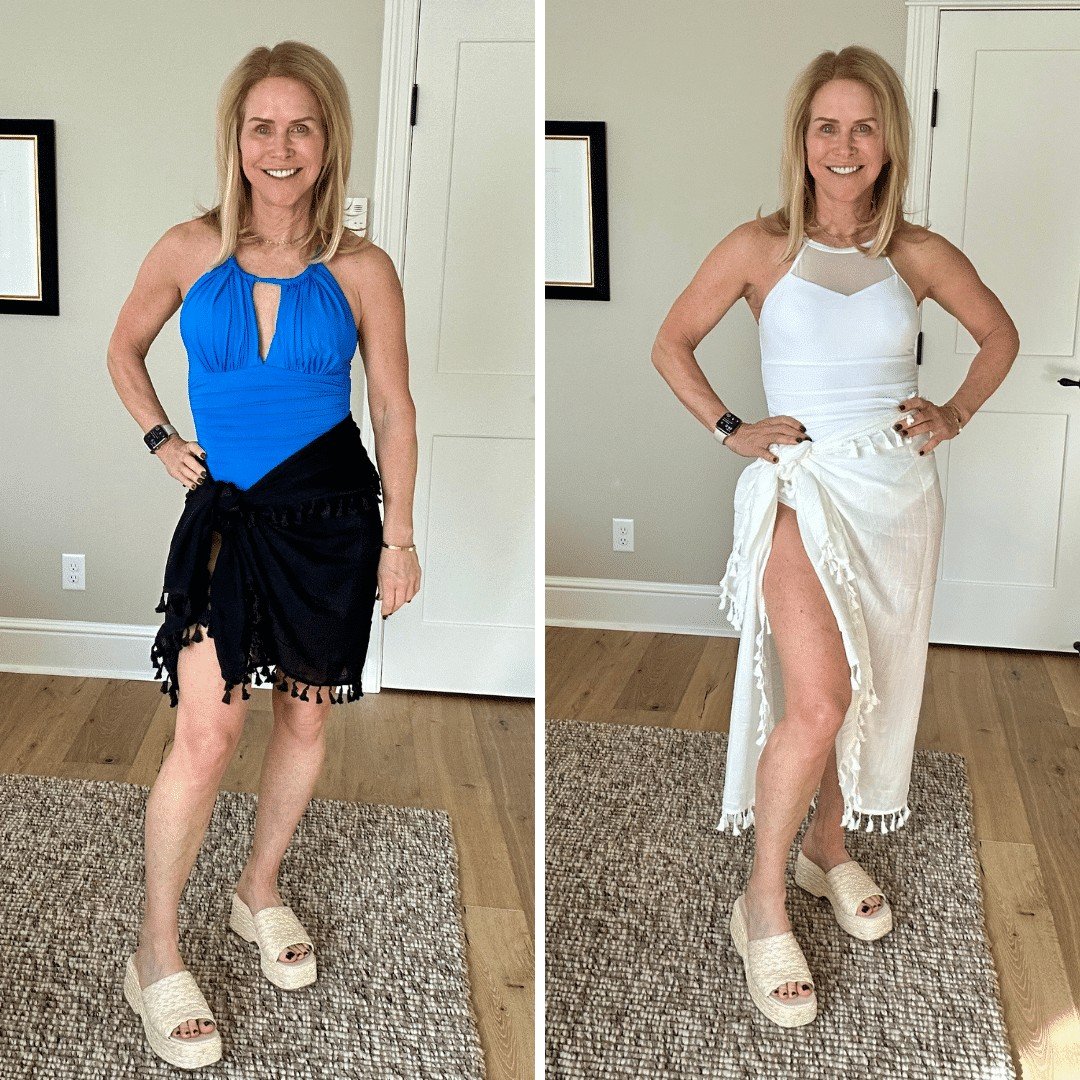 Chris Freytag with a side by side photo wearing one piece swim suits and a different length of skirts with tassels. 