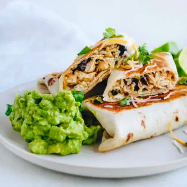healthy chicken bean and rice burrito made with shredded chicken