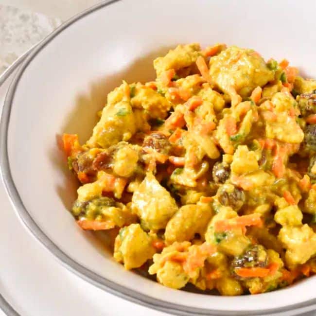 copycat trader joes curry chicken salad recipe in white bowl