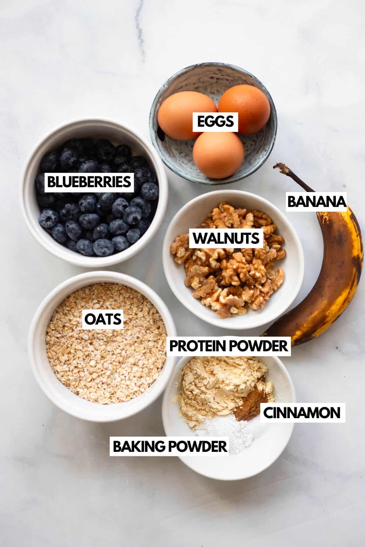 raw labeled ingredients for blueberry protein pancakes