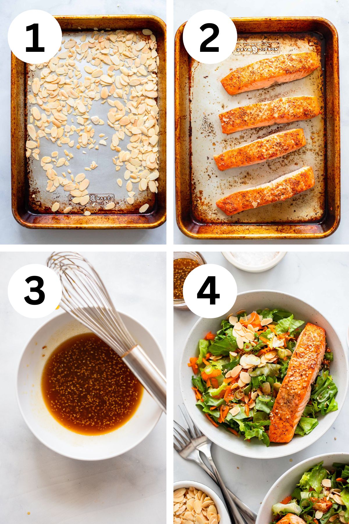 four steps of making teriyaki salmon salad