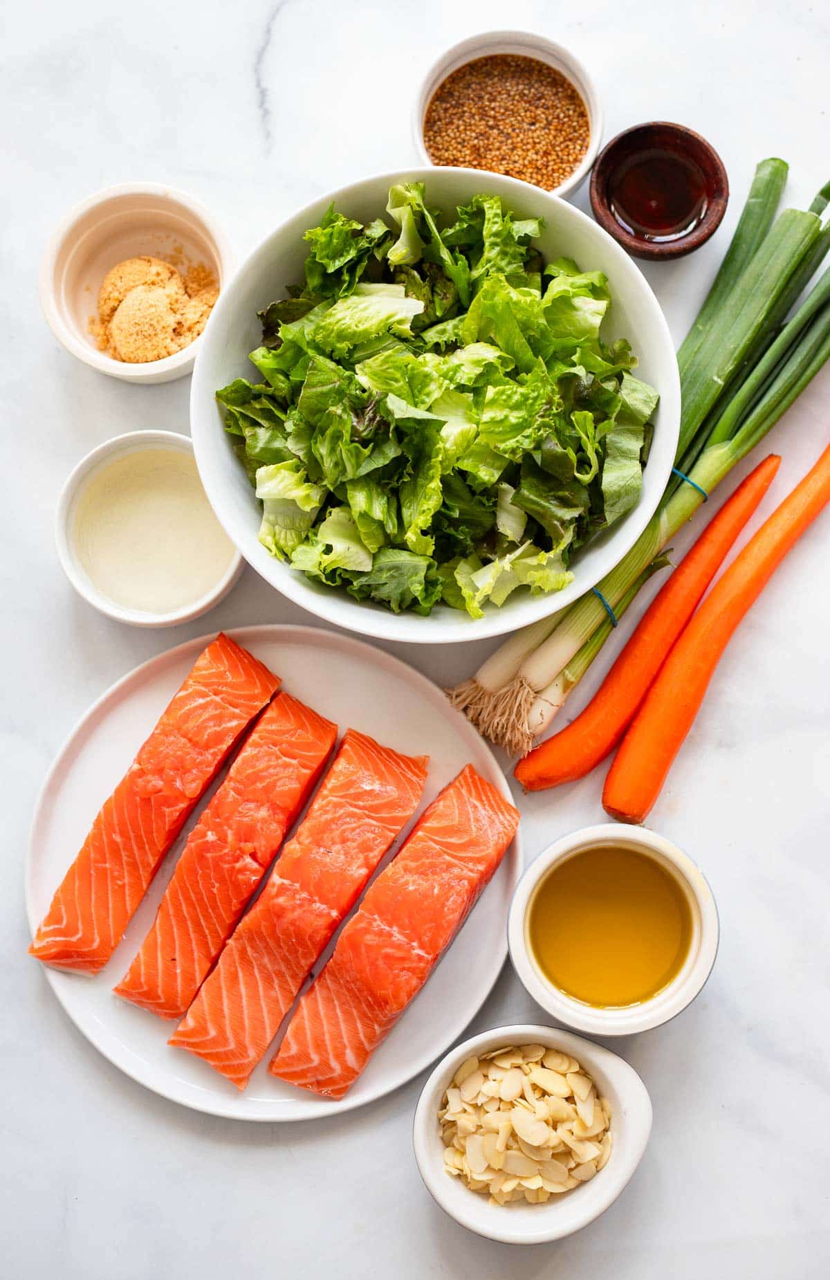 overhead view of raw ingredients for teriyaki salmon salad