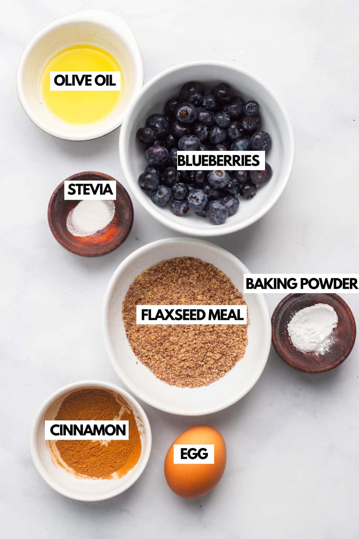 raw ingredients to make blueberry muffin in a mug recipe, labeled
