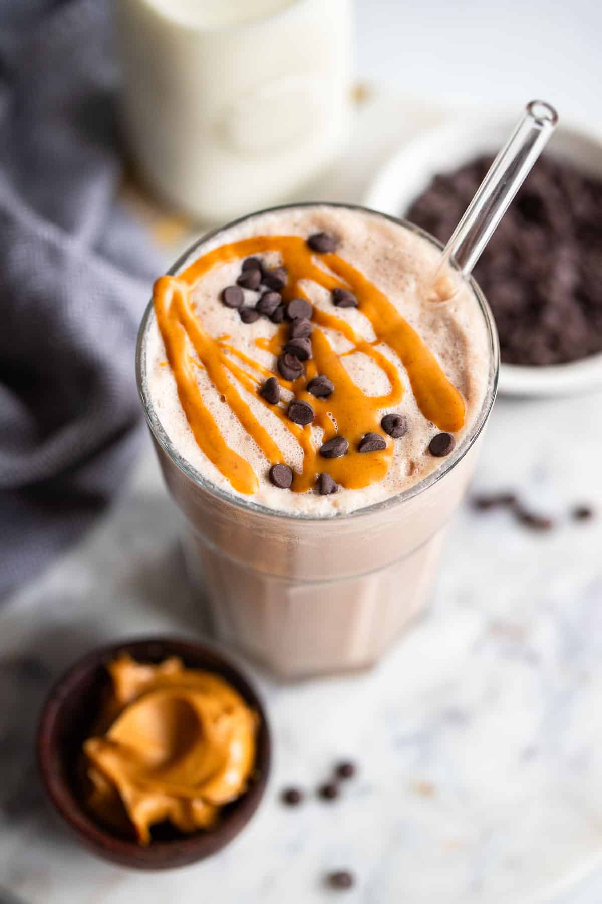prepared peanut butter cup protein shake ready to eat