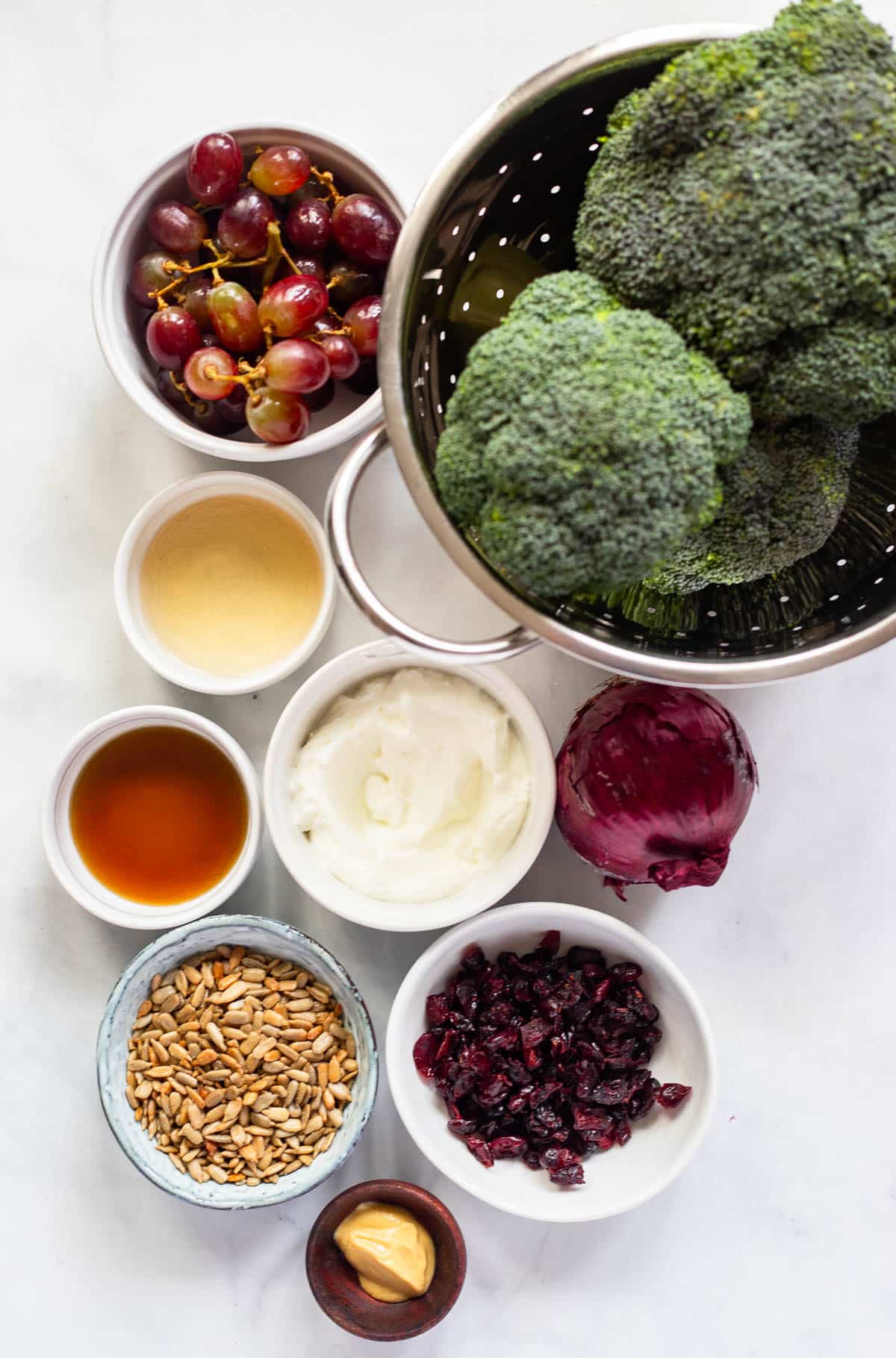 raw ingredients to make healthy broccoli salad