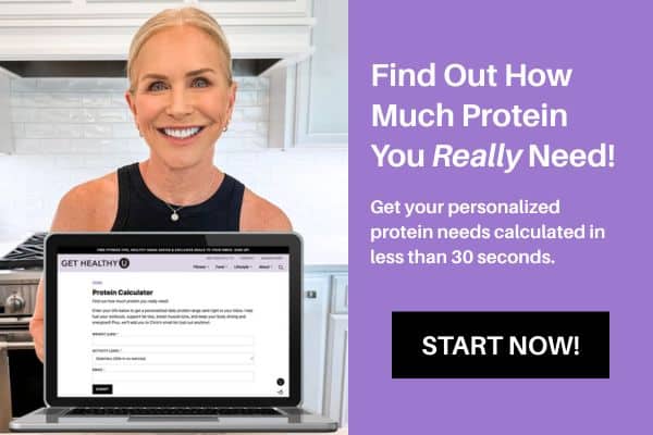 woman smiling with computer showing free protein calculator