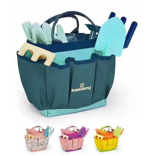Kinderific Gardening Set, Tool Kit, for Kids, STEM, Includes Tote Bag, Spade, Watering Can, Rake, Fork, Trowel and Gloves