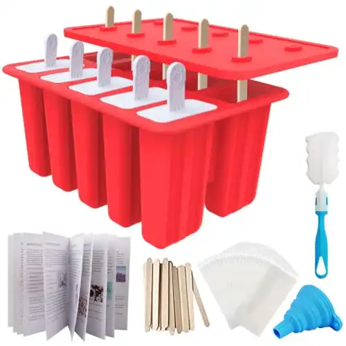 Homemade Popsicle Molds Shapes, Silicone Frozen Ice Popsicle Maker BPA Free, with 50 Sticks, 50 Bags, 10 Reusable Sticks, Funnel, Brush and Ice Pop Recipes