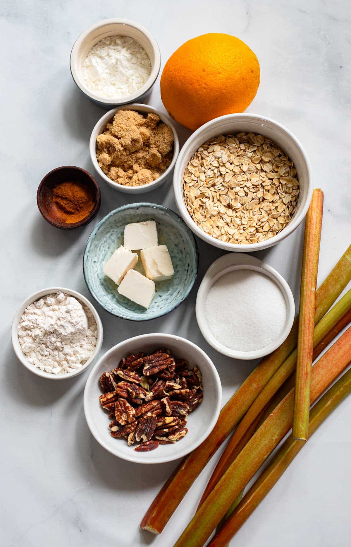 raw ingredients to make rhubarb crisp on counter