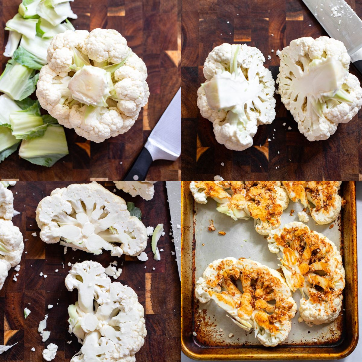 4 step process of making roasted cauliflower steak recipe