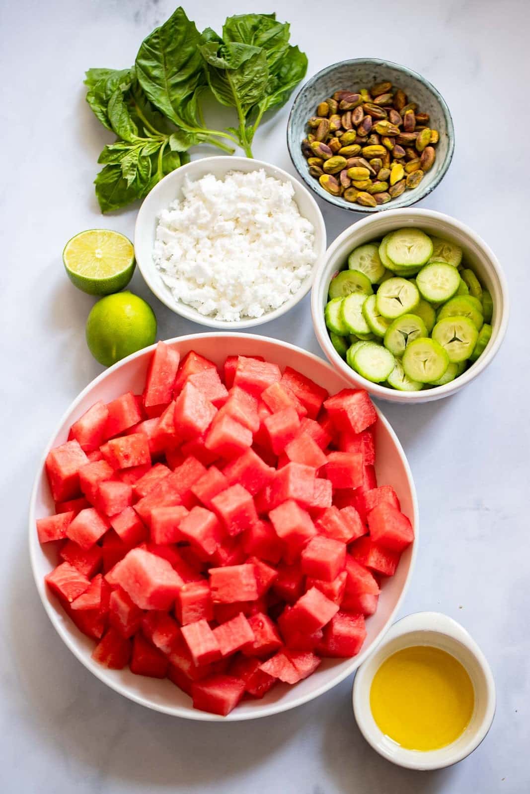 raw ingredients to make watermelon feta salad