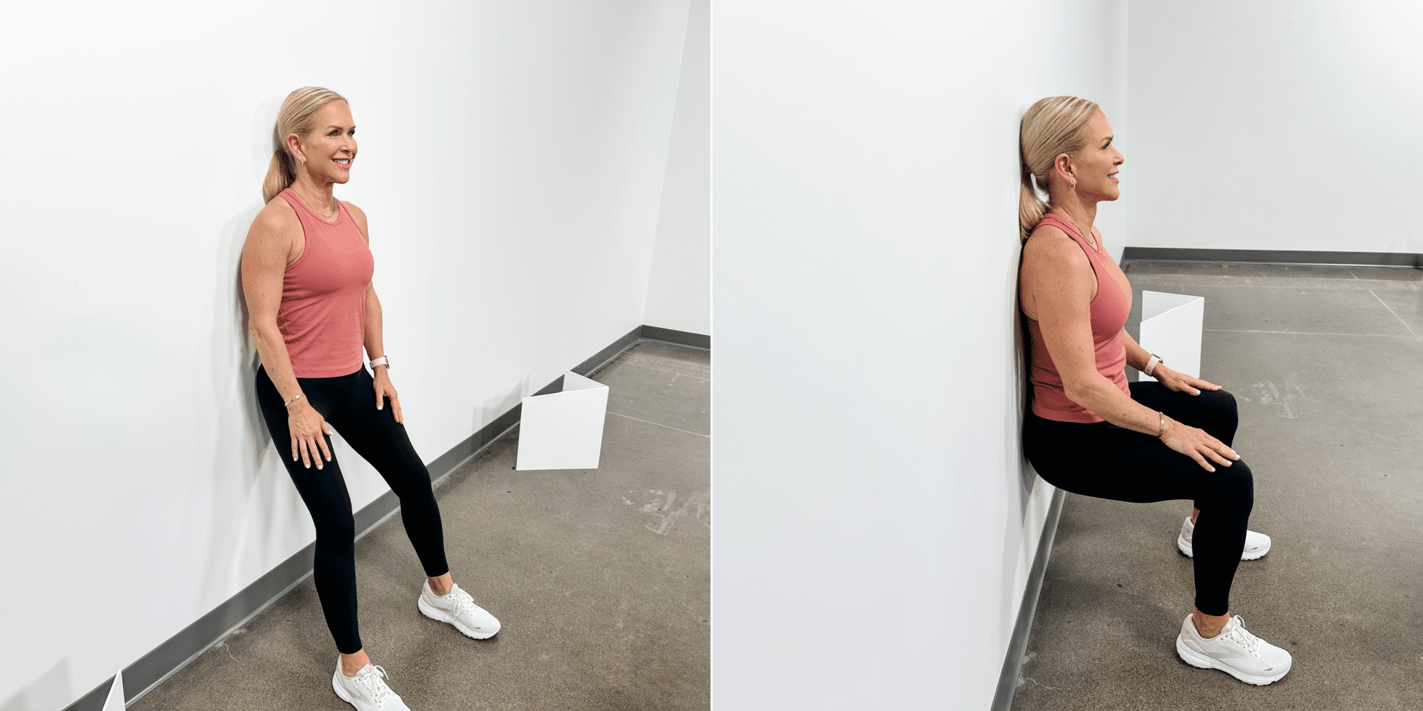 woman doing leg exercises for bad knees doing a wall sit against the wall