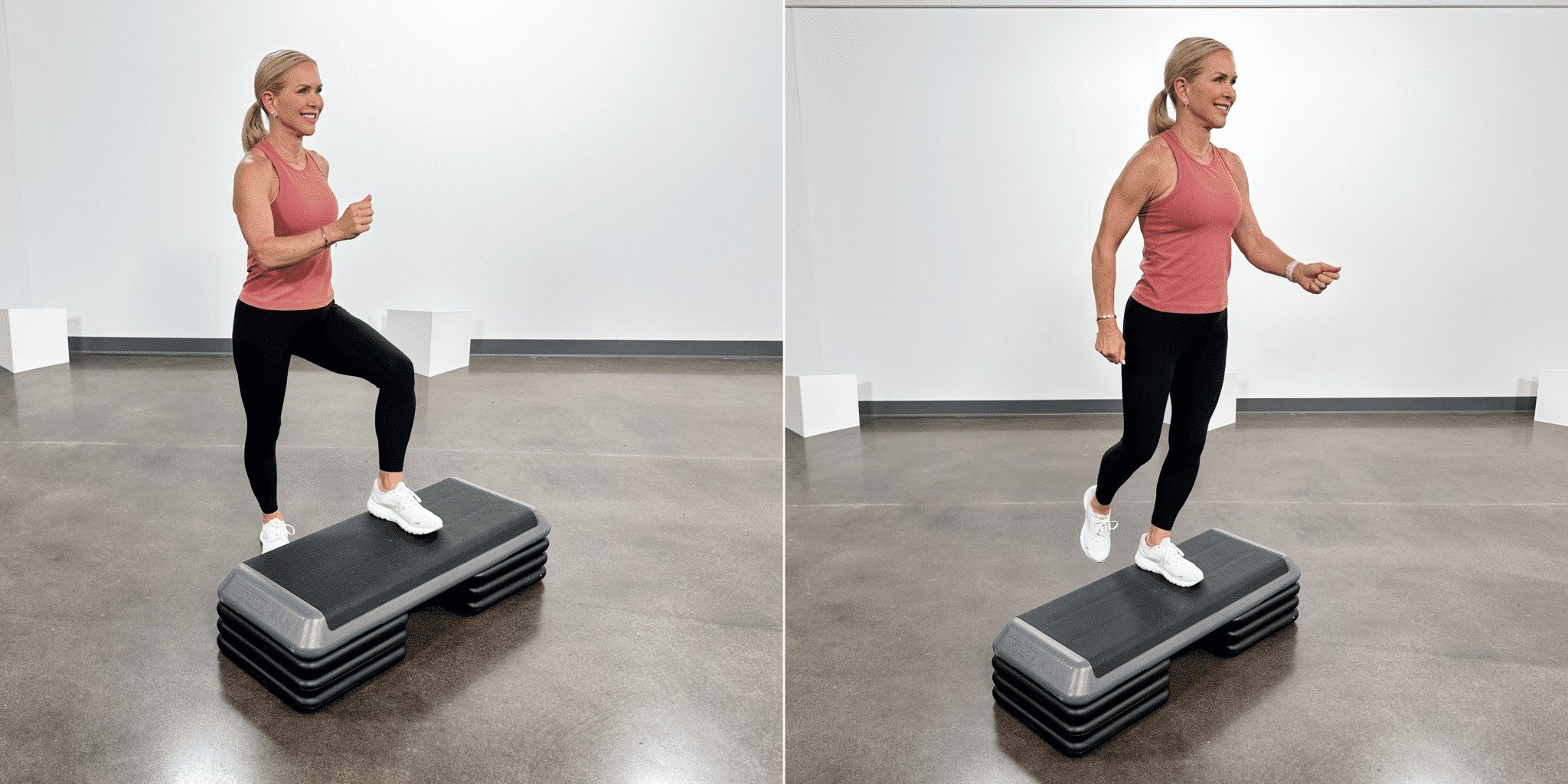 woman doing leg exercises for bad knees standing on a step platform