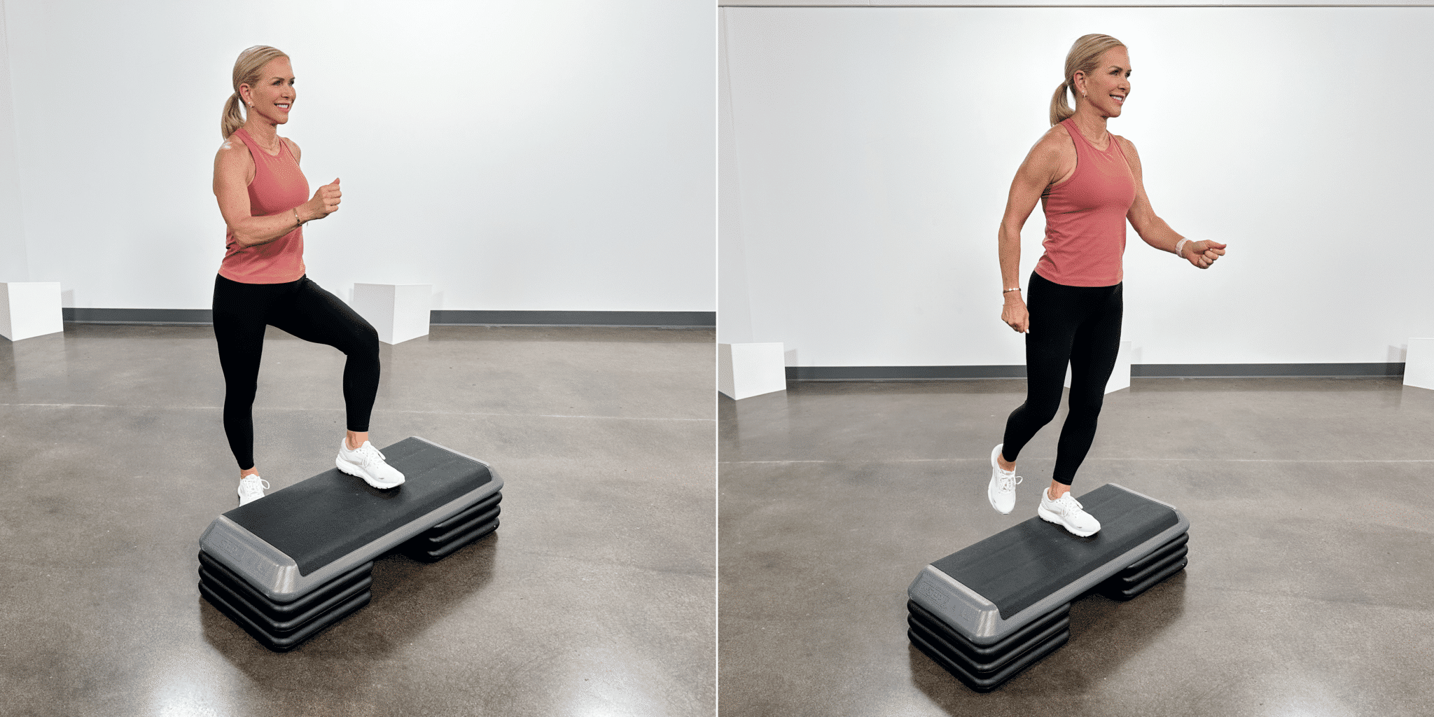 woman doing leg exercises for bad knees standing on a step platform