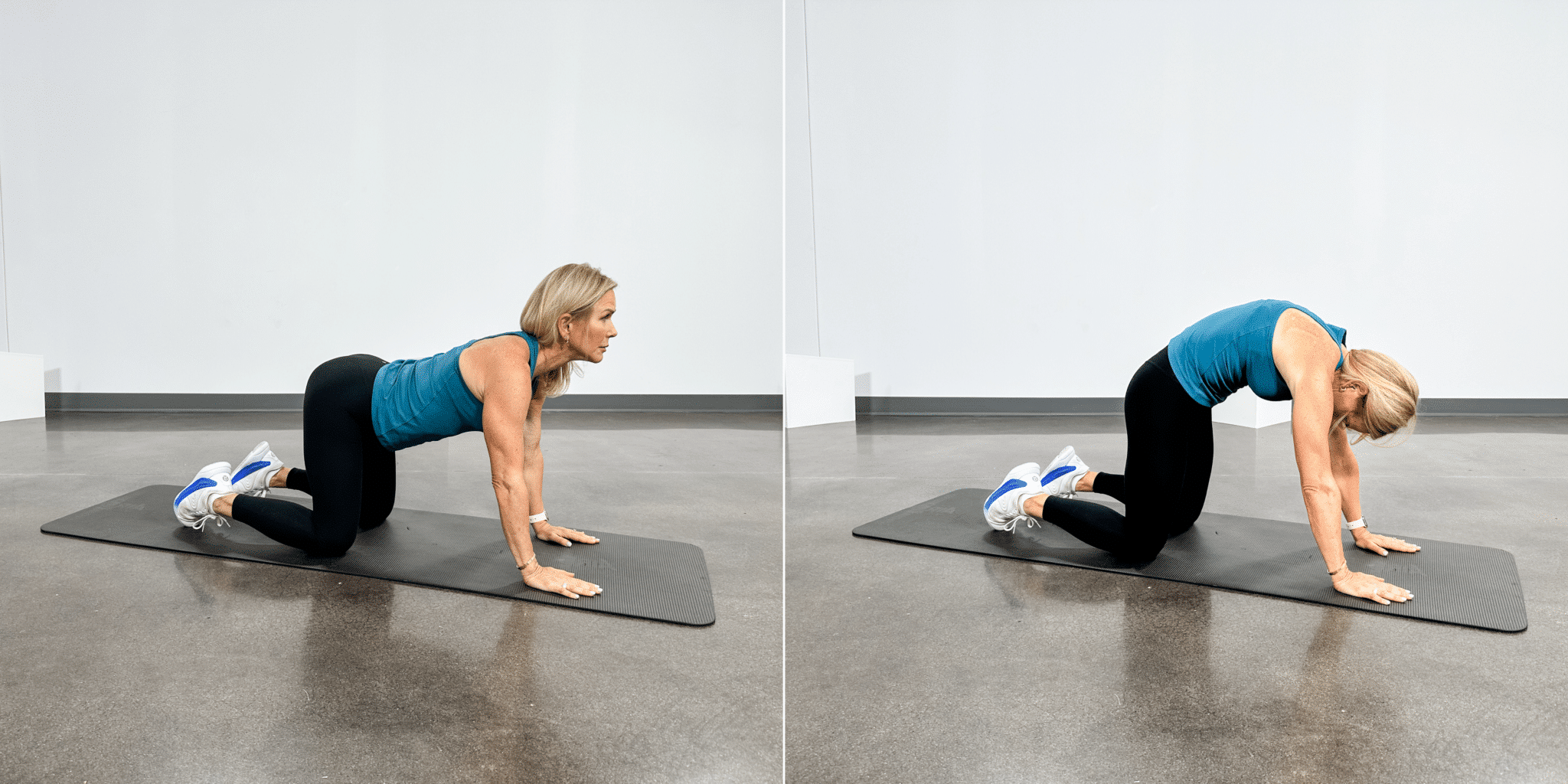 Chris Freytag wearing a blue workout tank and black leggings doing a cat cow pose - side by side photos.