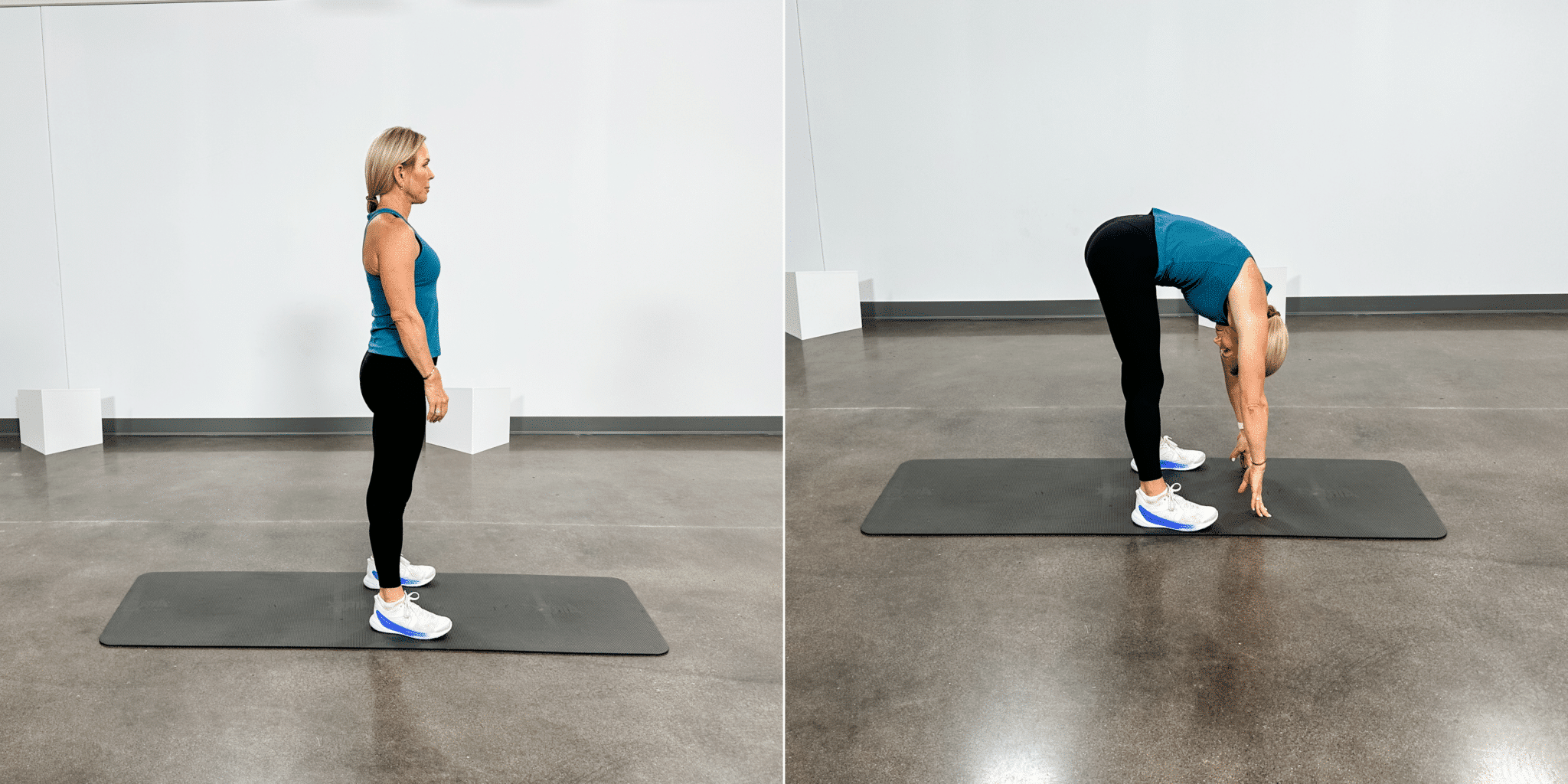 Chris Freytag wearing a bluish  workout vessel  and achromatic  leggings doing a guardant  fold stretch.