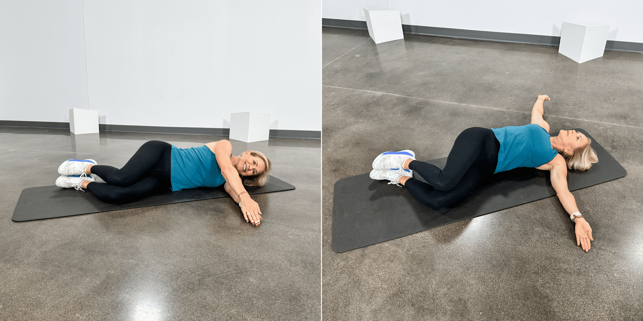 Chris Freytag wearing a blue workout tank and black leggings doing a lying spinal twist.