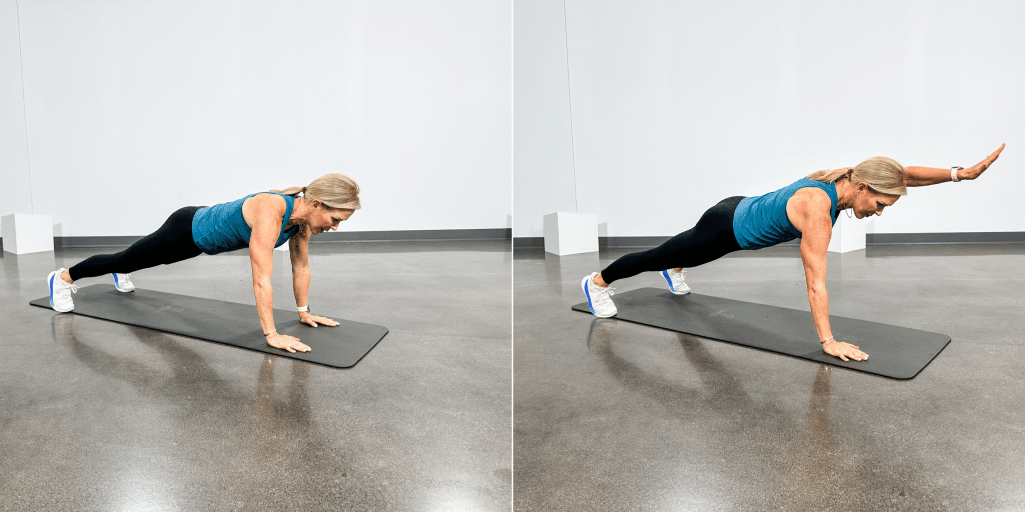 Chris Freytag wearing a bluish  workout vessel  and achromatic  leggings doing a plank reach.