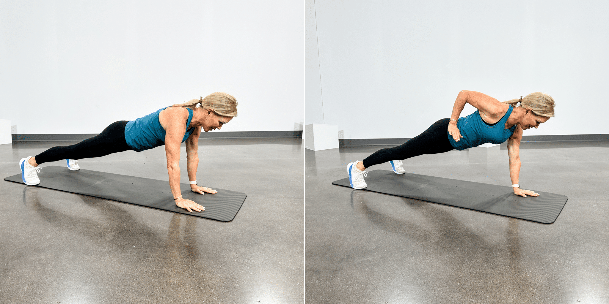 Chris Freytag wearing a bluish  workout vessel  and achromatic  leggings doing a plank row.