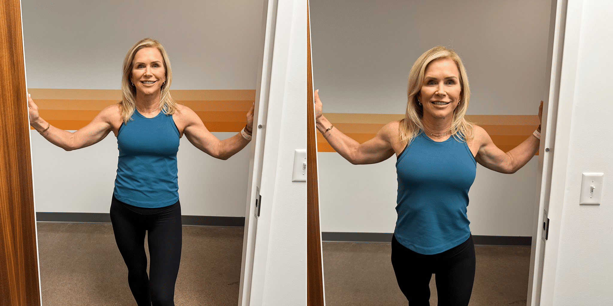 Chris Freytag wearing a blue workout tank and black leggings doing a door stretch.