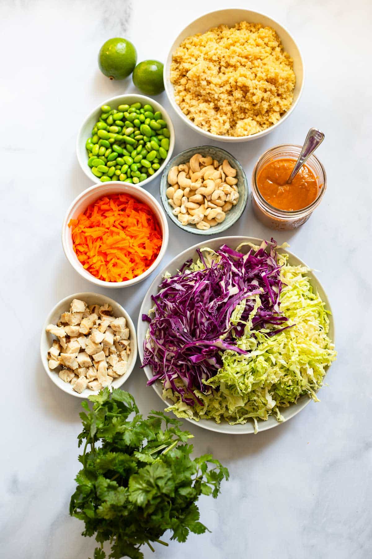 raw ingredients for crunchy cashew thai quinoa salad