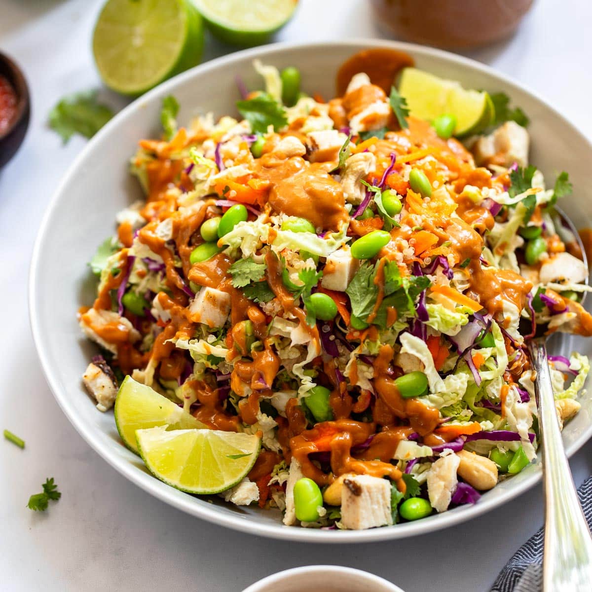 crunchy cashew thai quinoa salad in bowl