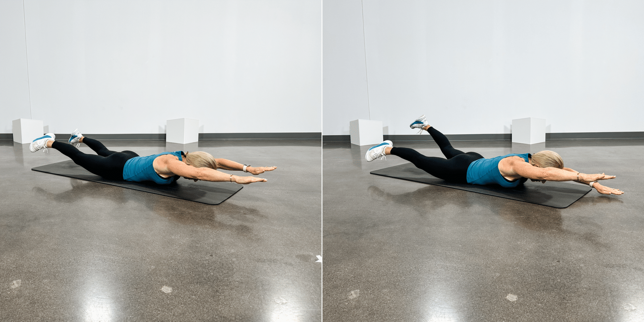 Chris Freytag wearing a blue workout tank and black leggings doing a lying swimming pose for the back. 