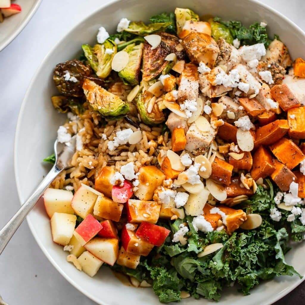 close up of harvest bowl recipe in white bowl