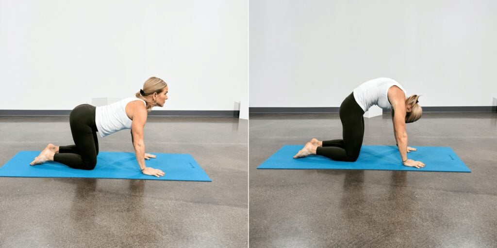 woman doing yoga poses for back pain, cat cow pose 