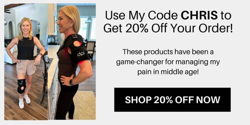 two images of woman wearing DPL infrared light products on her knee and shoulder