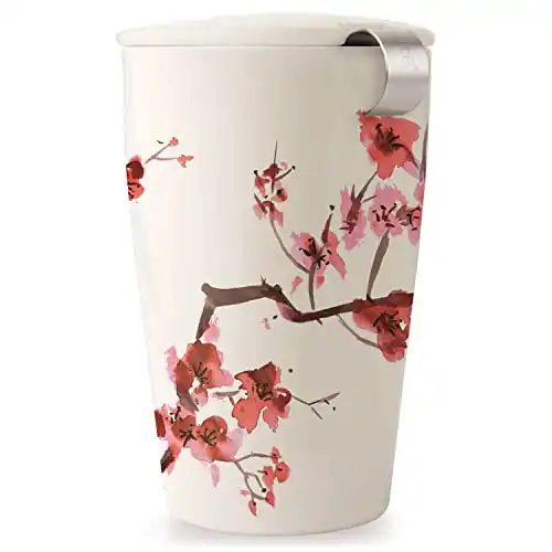 Tea Forte Cherry Blossom Kati Cup Double-Walled Ceramic Tea Cup with Removable Stainless Steel Infuser Basket and Lid