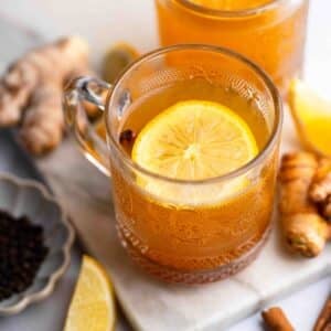 ginger turmeric tea in glass mug