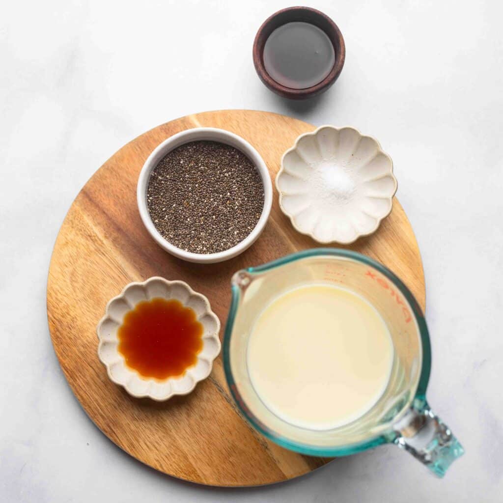 Raw ingredients to make healthy vanilla chia seed pudding