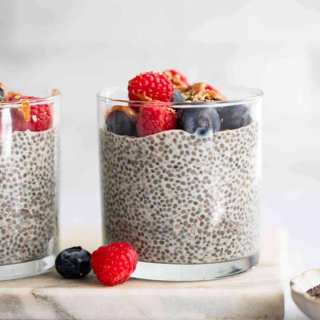 Creamy vanilla chia seed pudding recipe on the counter