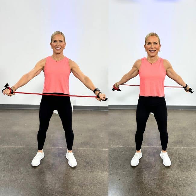 Woman showing resistance band movement to move around