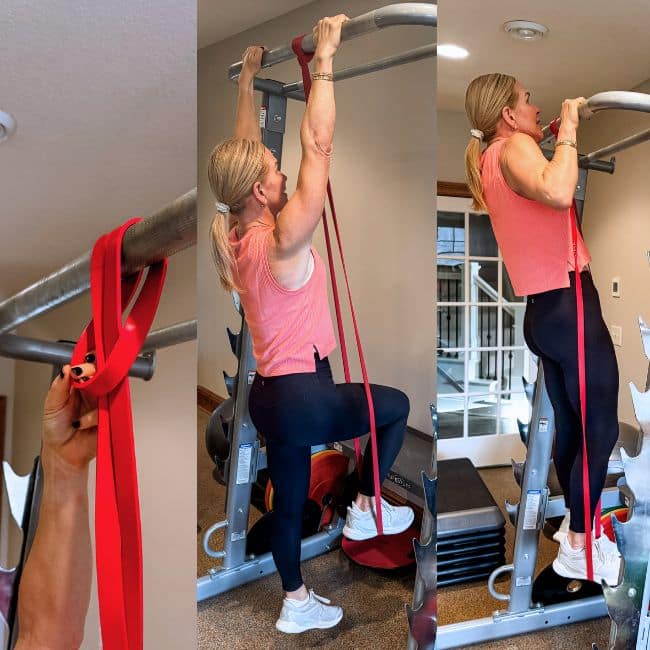 woman showing 3 steps of using resistance band for pull up assistance