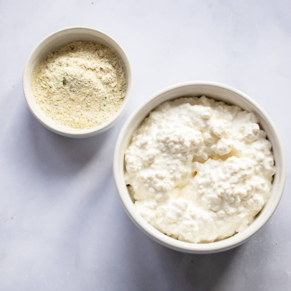 ingredients for cottage cheese ranch dip in bowls