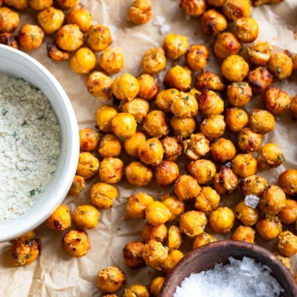 crispy ranch roasted chickpeas on baking sheet