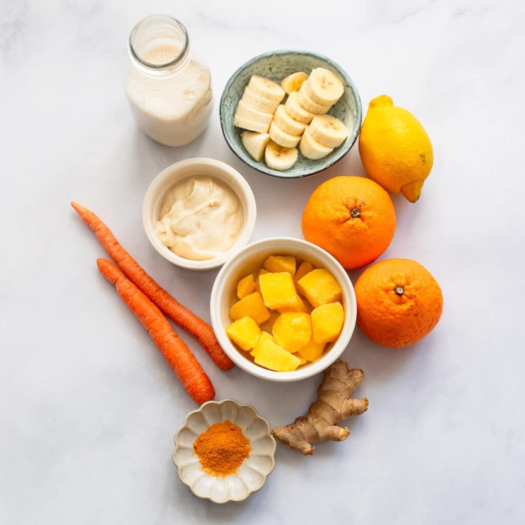 raw ingredients to make immunity smoothie on counter