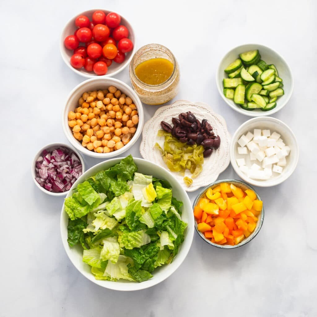 ingredients for mediterranean chopped salad on couter