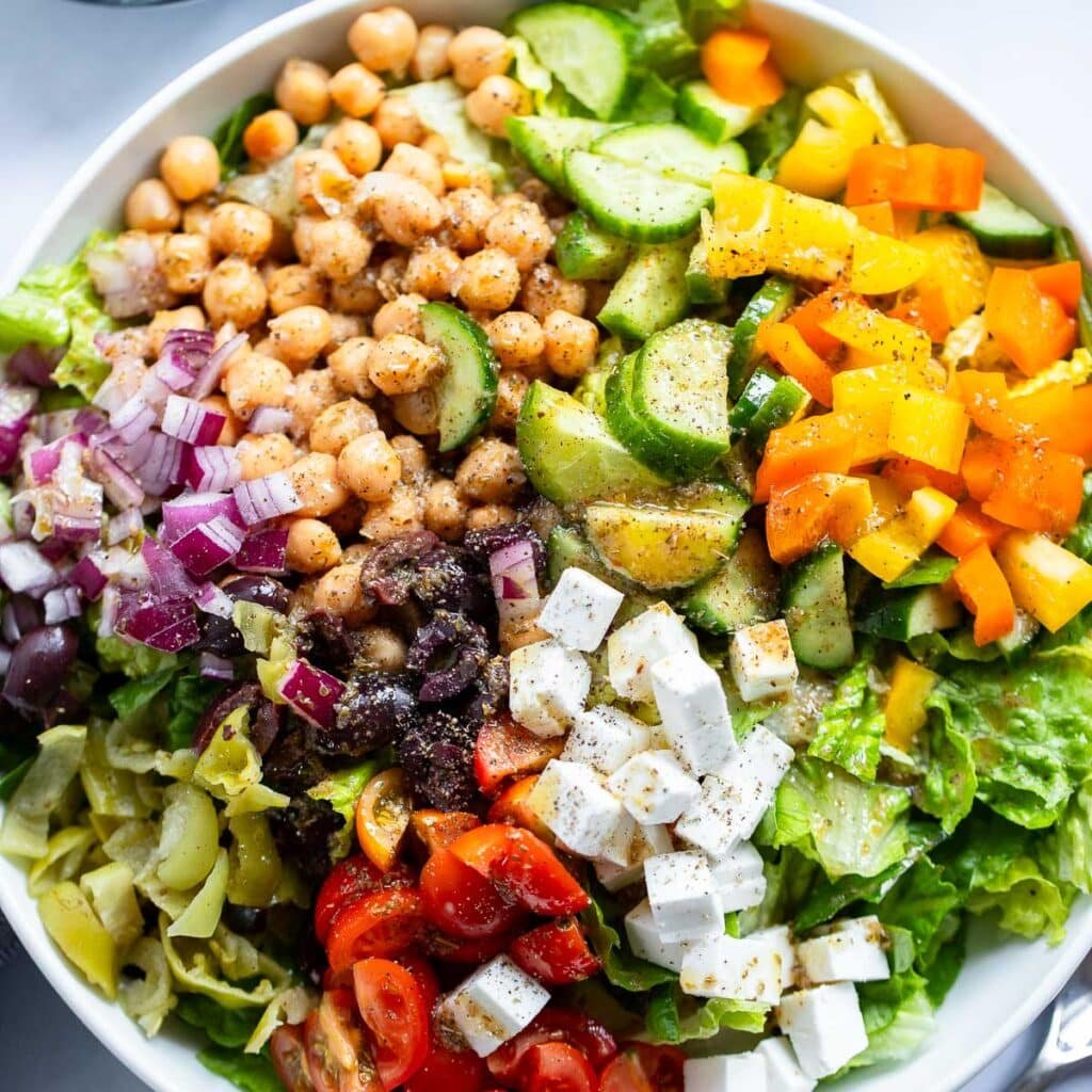 close up view of mediterranean chopped salad