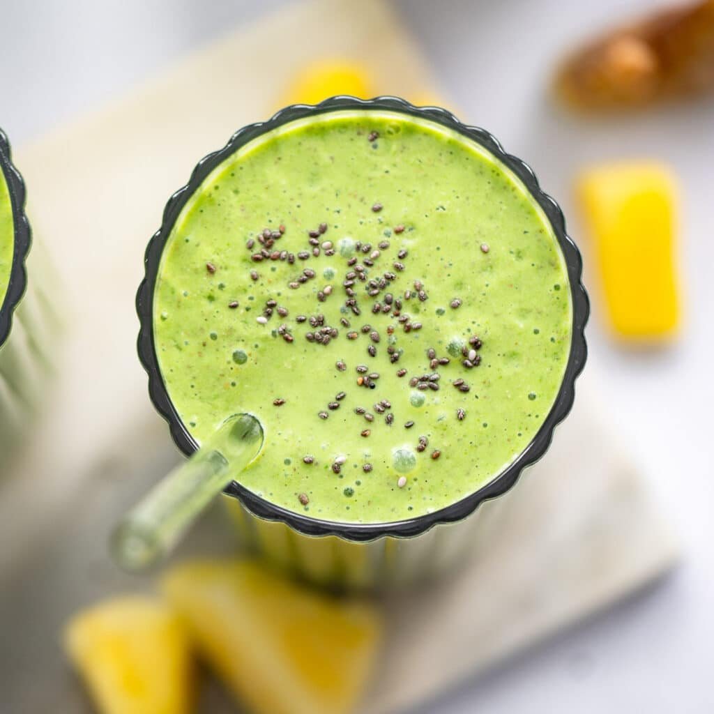 superfood smoothie in glass from top view