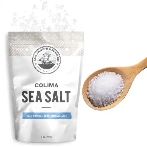 AVA JANE'S KITCHEN - Colima Sea Salt Unrefined Hand Harvested - 100% all Natural Organic Sea Salt, Non GMO Fine Grain With Resealable Ziplock, Salt Gourmet Grade, 8oz